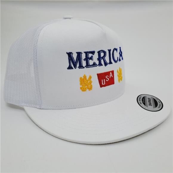 Merica Trucker Hat USA Flag Flat Bill Snapback Cap Patriotic 4th of July White - Picture 3 of 4